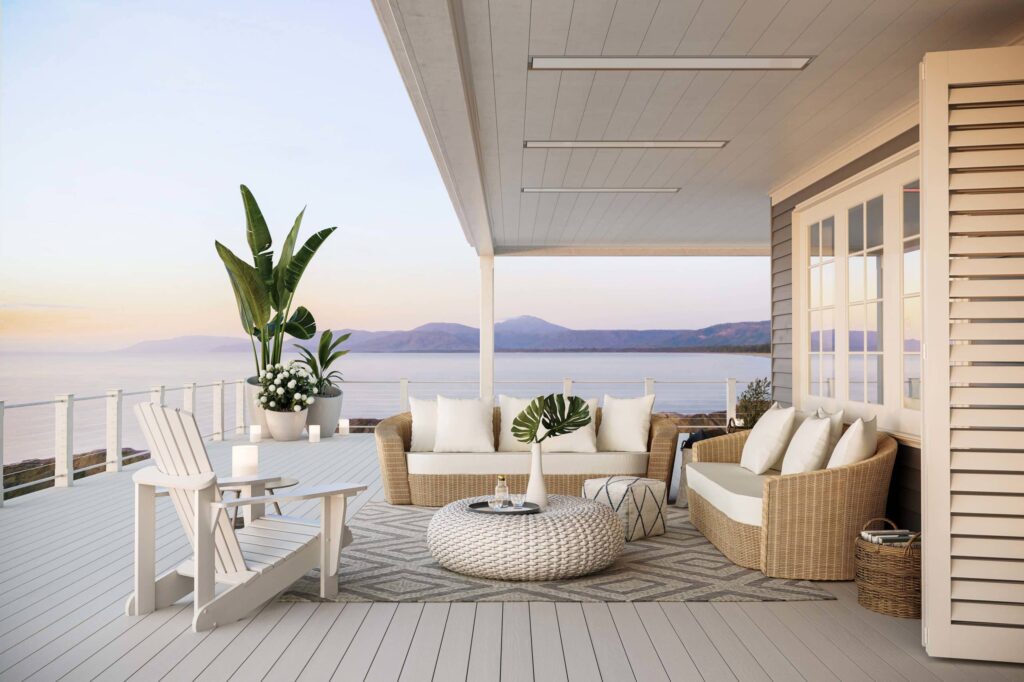 White outdoor Heater on patio by coast